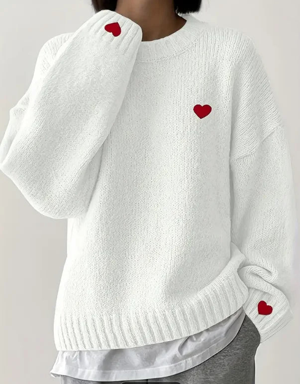 NYC Street Style: White Knit Sweater with Red Hearts