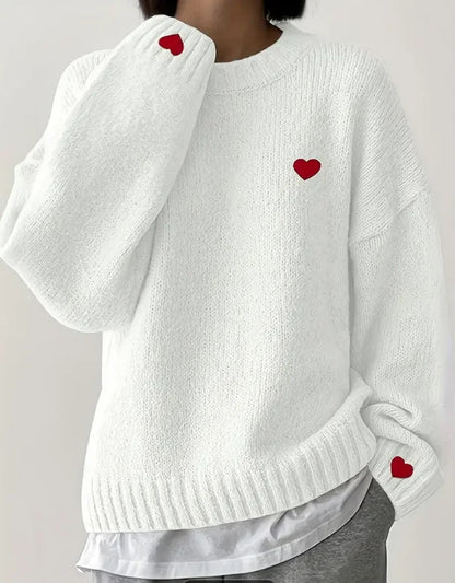 NYC Street Style: White Knit Sweater with Red Hearts