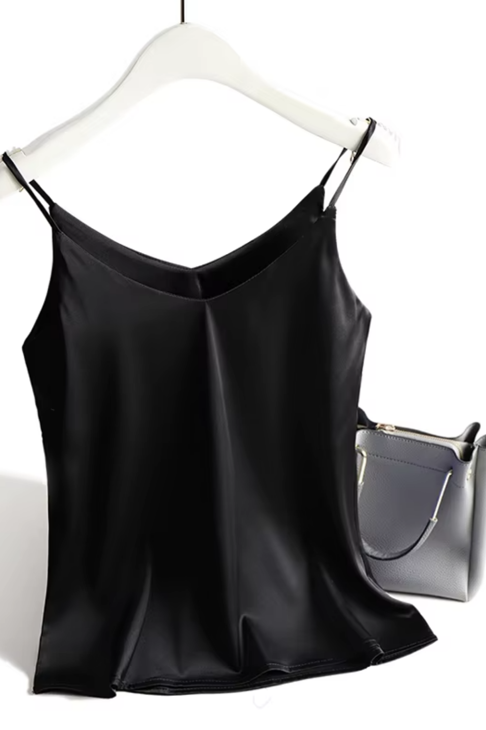 Elegant satin camisole top for women with halter V-neck and backless design, in white silk blend.