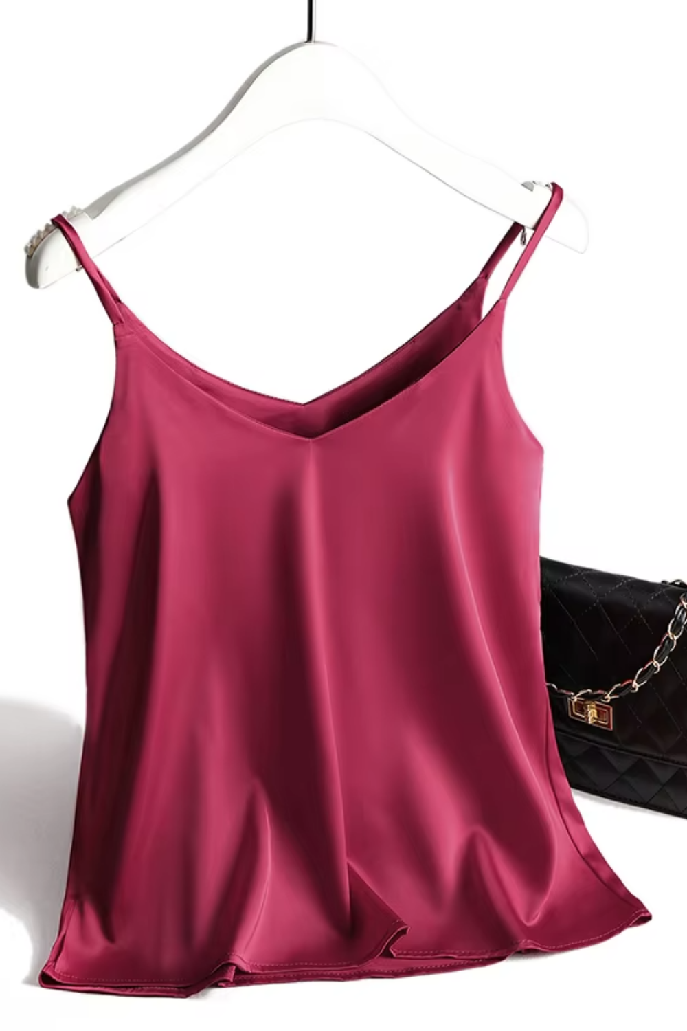 Elegant satin camisole top for women with halter V-neck and backless design, in white silk blend.