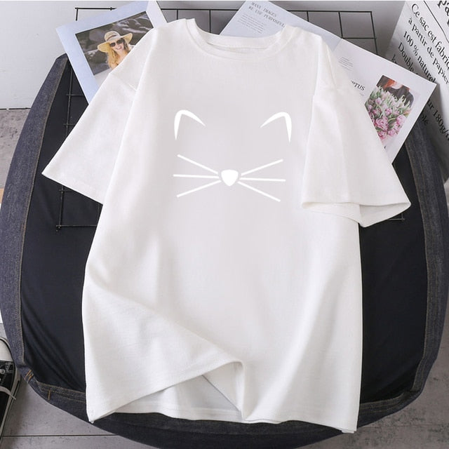 Funny Cat Whiskers and Ears Graphic Summer Women T-Shirts