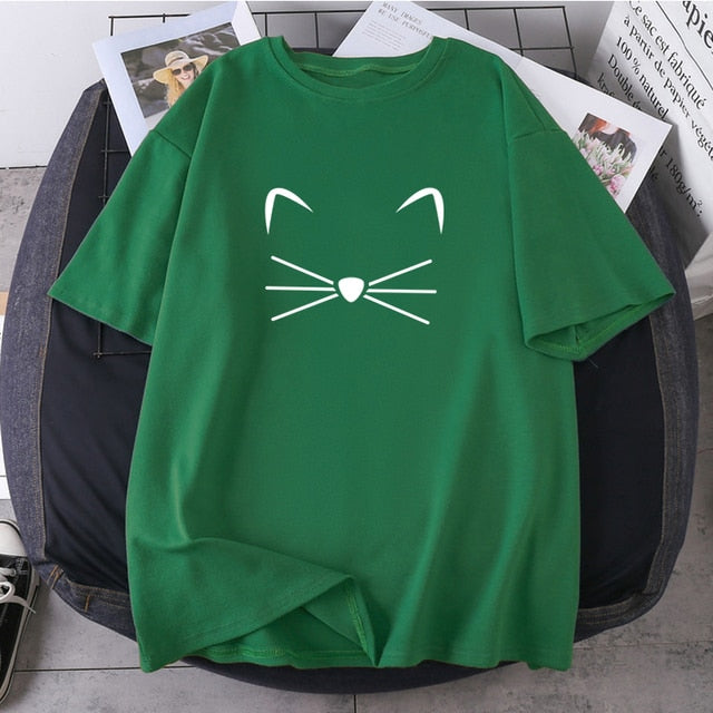 Funny Cat Whiskers and Ears Graphic Summer Women T-Shirts