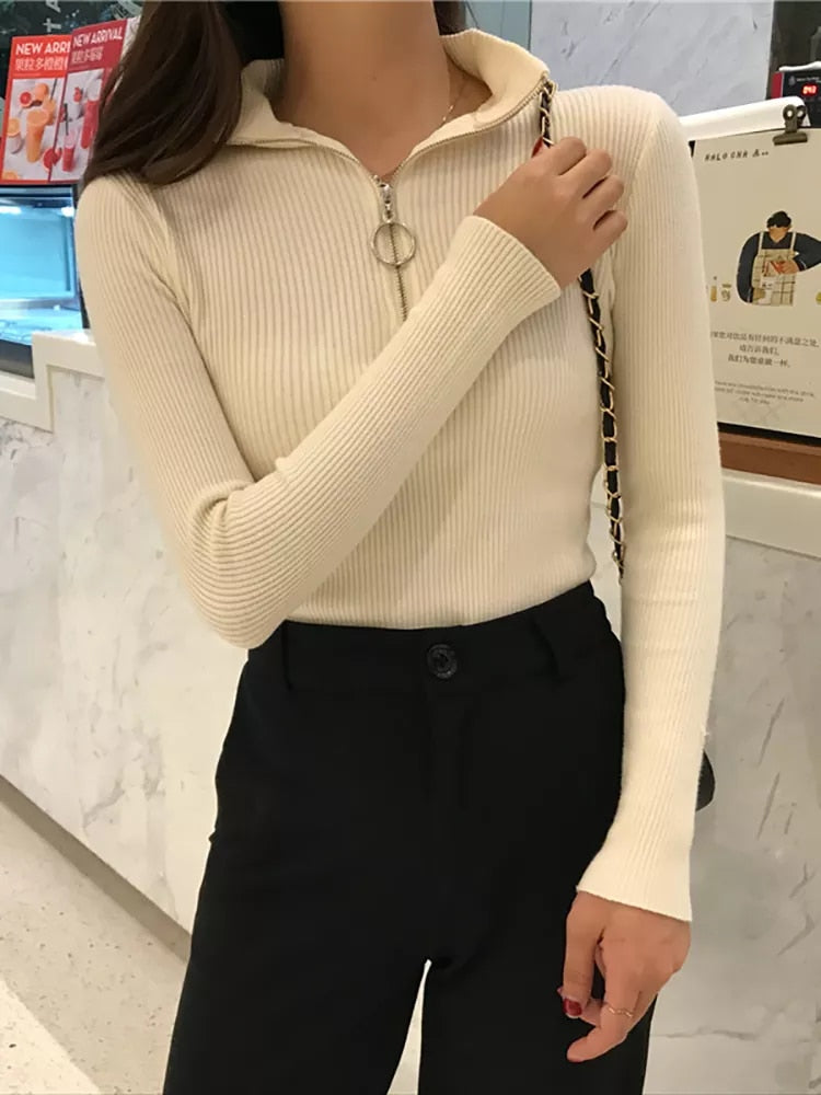 Womens Knitted Zipper Neck Sweaters