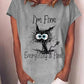 Womens Loose Style Shocked Black Cat Printed T-Shirt