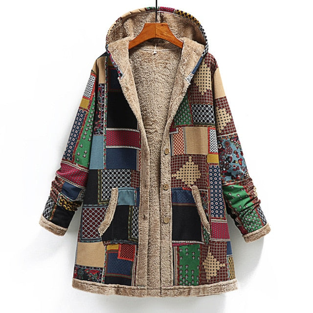 Womens Patchwork Vintage Style Hooded Winter Parka Coat