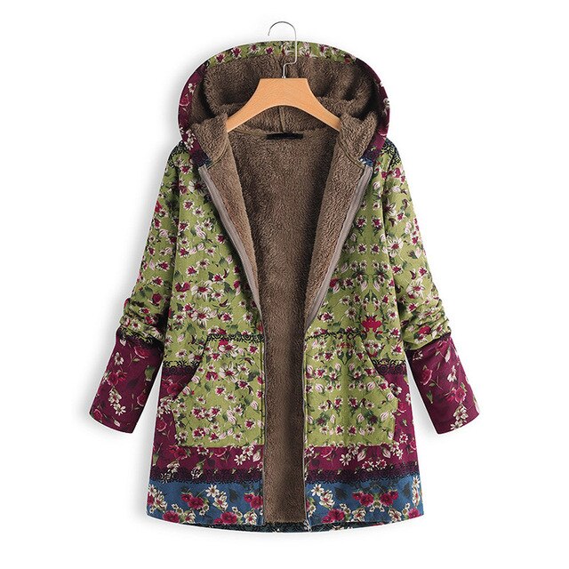 Women Floral Pattern Warm Inside Hooded Coats