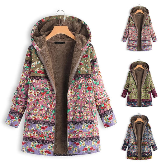 Women Floral Pattern Warm Inside Hooded Coats