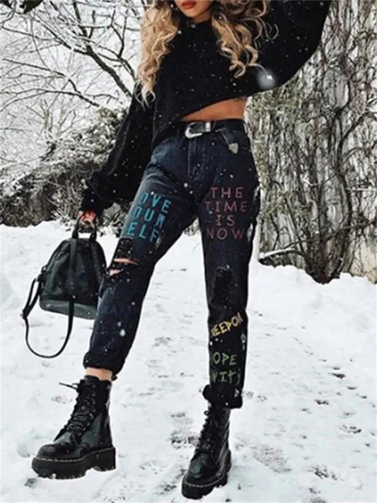 Women's Distressed High Waist Graffiti Jeans