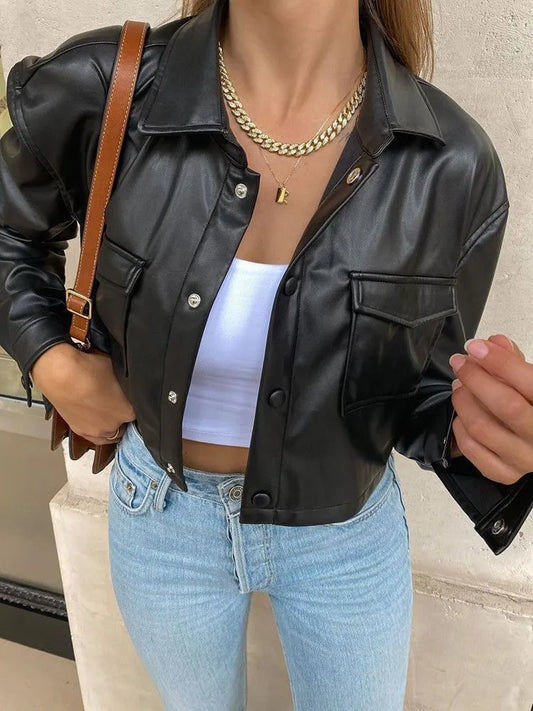 Womens Faux Leather Cropped Jacket
