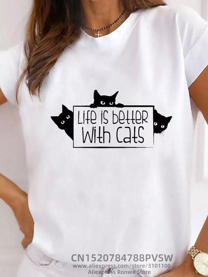 Black Draw Cats Slogan Print Cotton Summer T Shirts Women