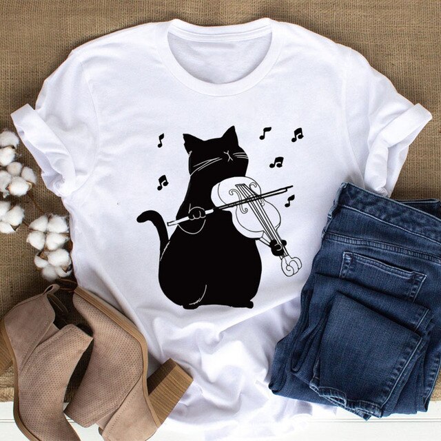 Black Cat Music Harmonie Print Casual Women T-Shirt