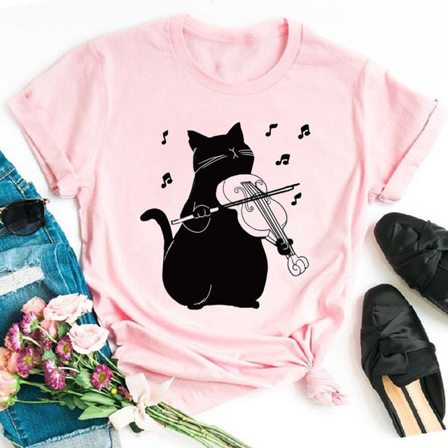 Black Cat Music Harmonie Print Casual Women T-Shirt