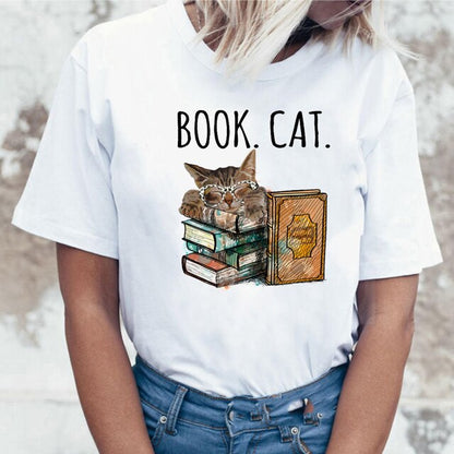 Book Cat and Love Cool Graphic Summer Women T Shirts