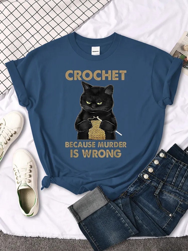 Women's Crochet Black Cat Printed T-Shirts