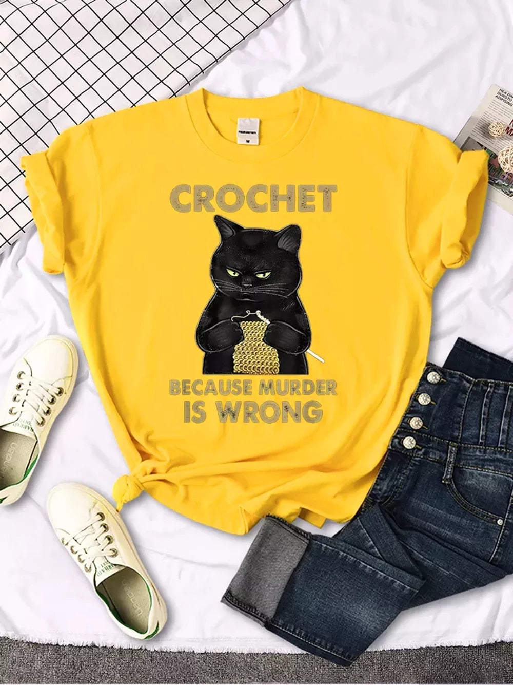 Women's Crochet Black Cat Printed T-Shirts