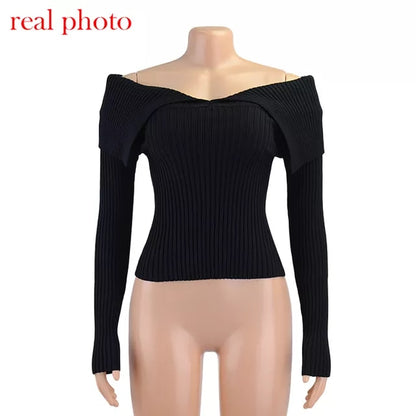 Women Exposed Shoulders Knitted Sweater