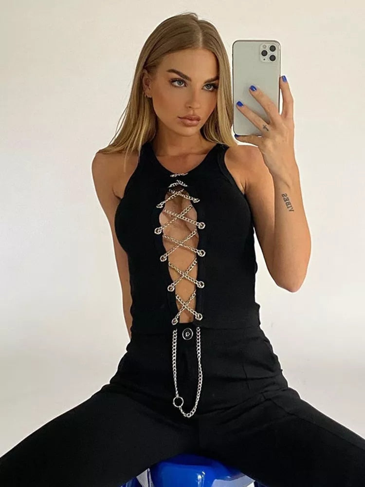 Women's Sleeveless Lace Up Chain Crop Tops