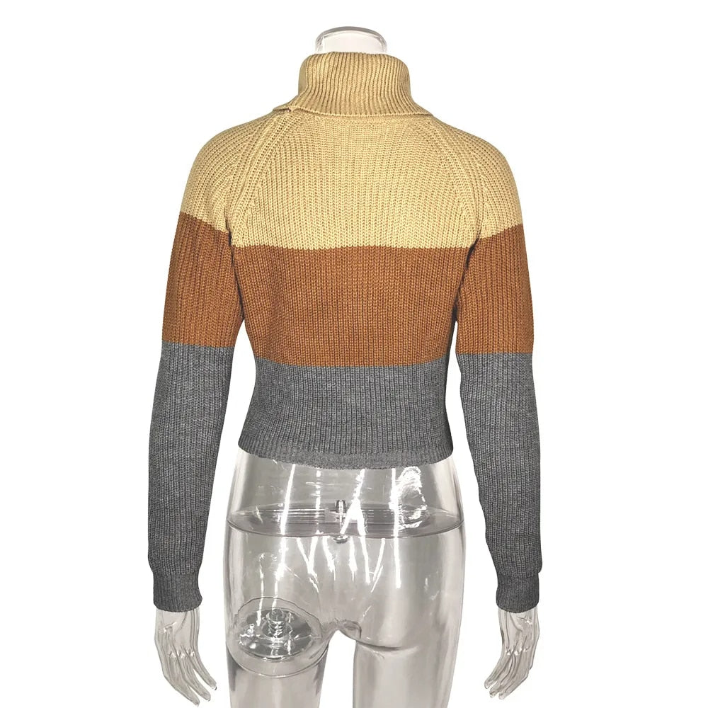 Womens Knitted Striped Turtleneck Sweater