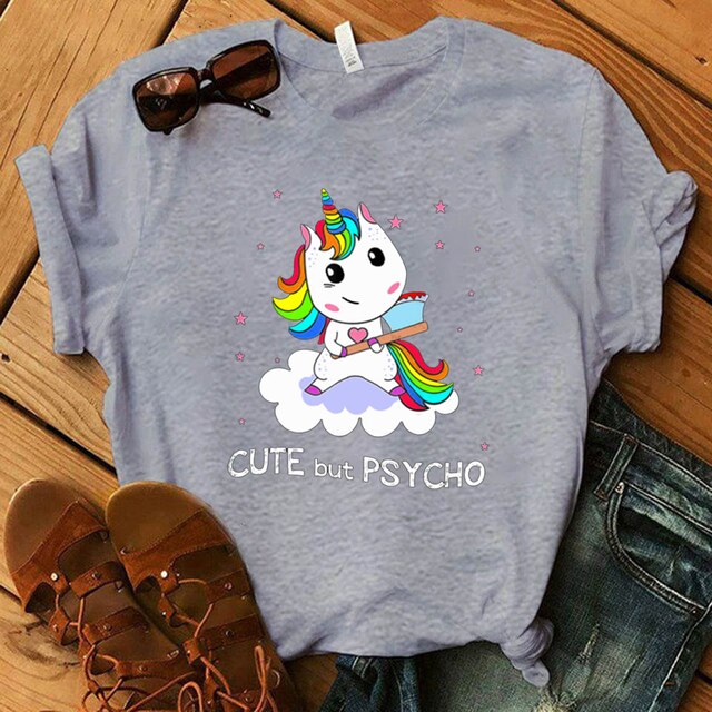 Cute But Psycho Print Unicorn Summer Women T Shirt
