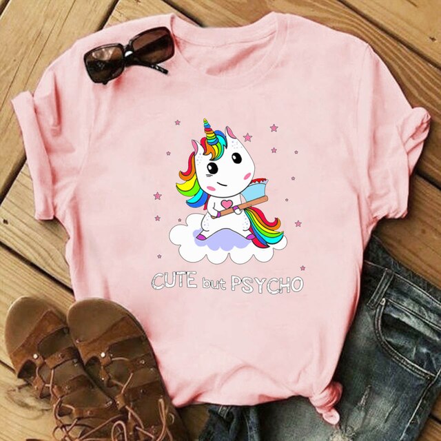 Cute But Psycho Print Unicorn Summer Women T Shirt