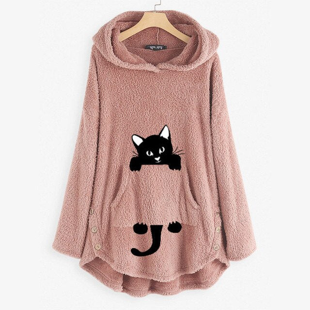 Womens Plus Size Black Embroidery Cat Hoodie