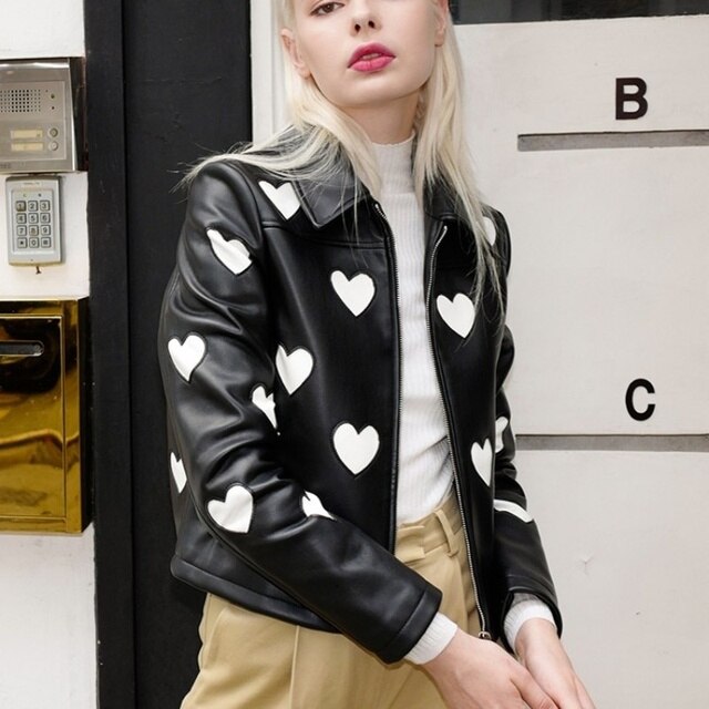 Womens Heart Shaped Pattern Leather Jacket