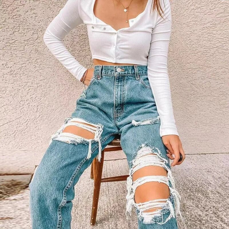 Women's Ripped High Waisted Baggy Jeans