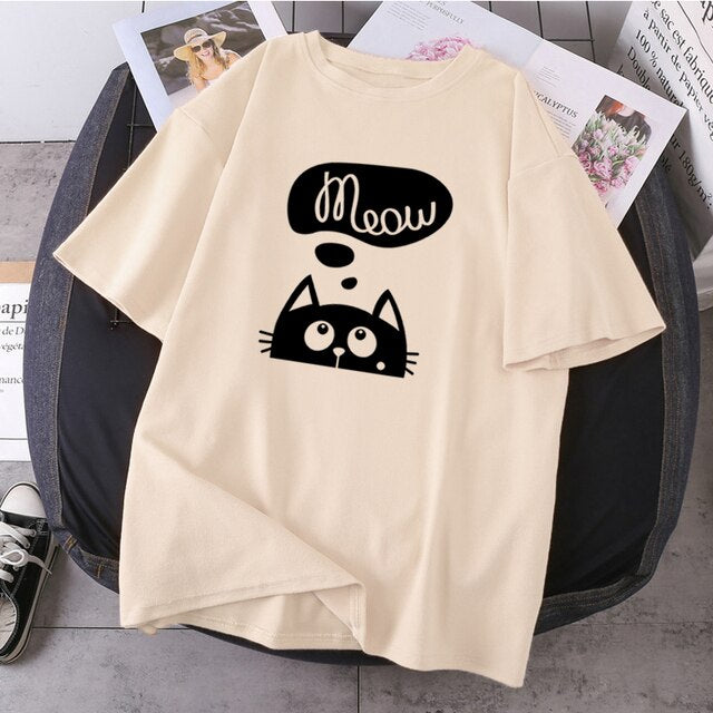 Top Eyes Meow Black Cat Casual Women T-Shirts