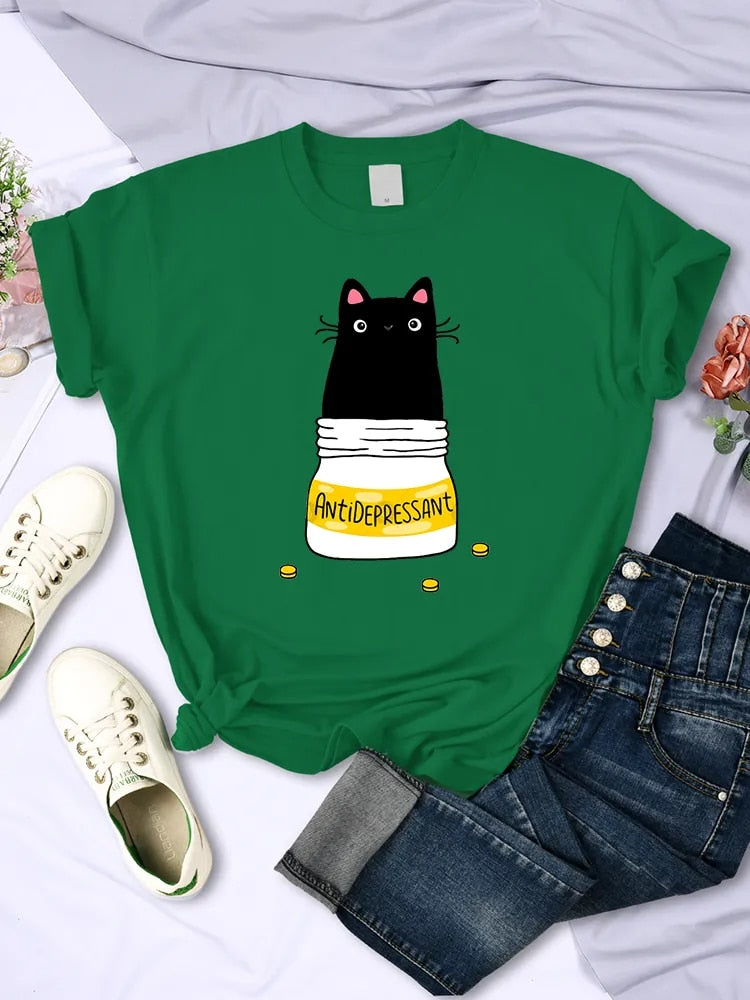 Women Antidepressant Cat Casual T Shirts