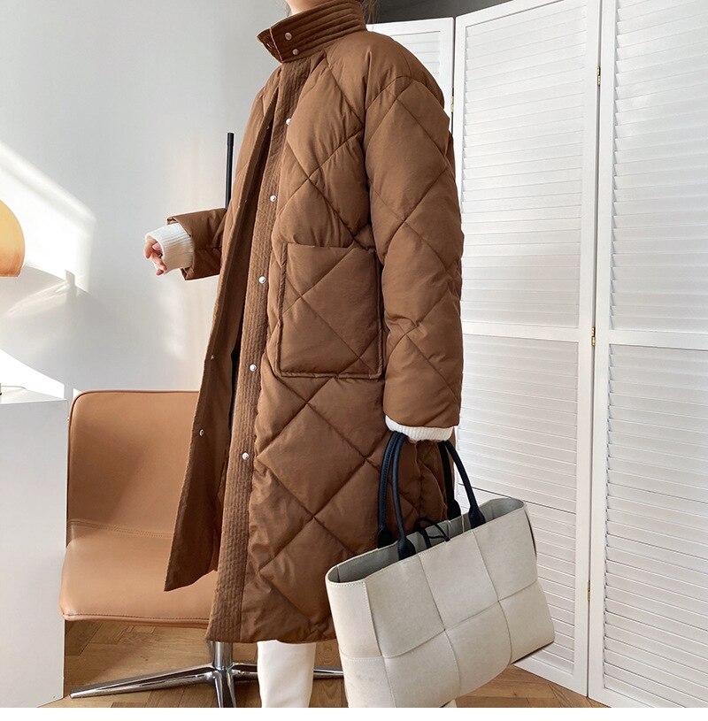 New Korean Style Long Stand-Up Collar Argyle Pattern Parka Coat For Women