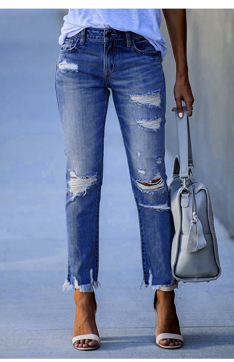 New Casual Ripped Women Blue Jeans Pants