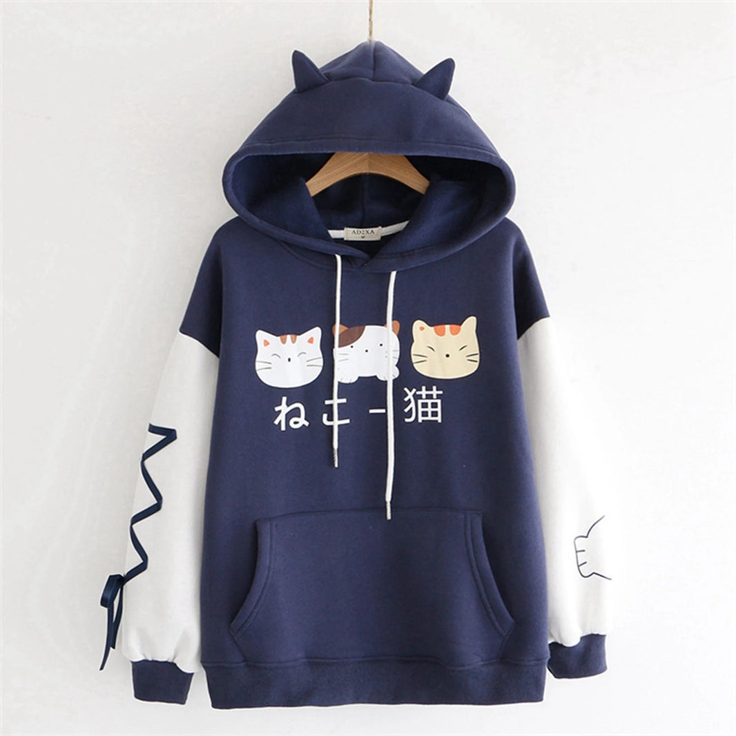 Harajuku Cartoon Kitty Face Letter Print Sweatshirt Hoodie