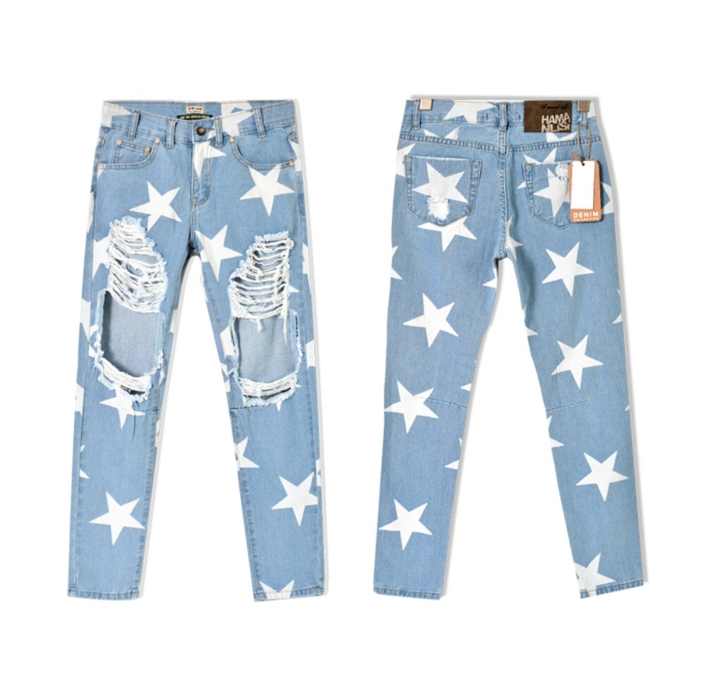 Straight Leg Star Print Ripped Jeans