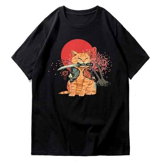 Women's Ninja Cat Print Plus Size T-Shirts