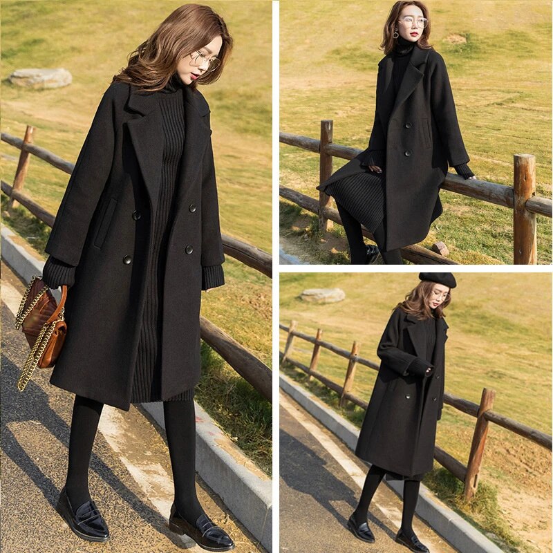 New Fashion Style Black Thickened Tweed Coat For Women