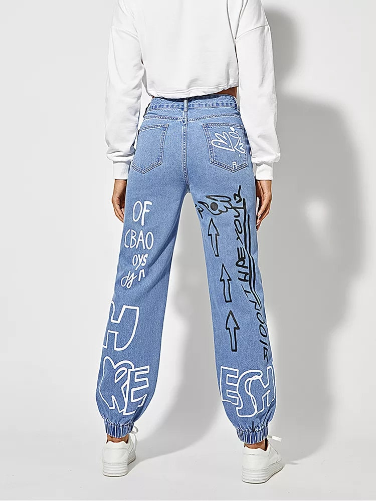 Womens Straight Letter Pattern Drawstring Jeans