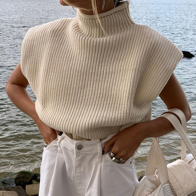 Women Knitted Turtleneck Sleeveless Sweaters