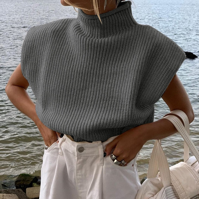 Women Knitted Turtleneck Sleeveless Sweaters