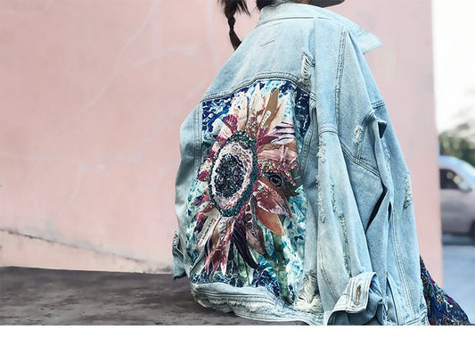 Womens Floral Streetwear Denim Jacket