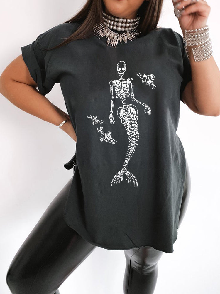 Women's Vintage Mermaid Skull Print T Shirts