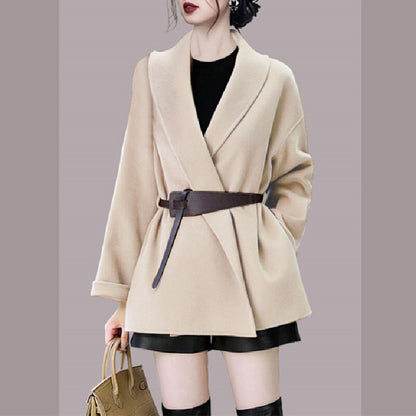 Straight Color Belted Design Wool Jacket Coat For Women
