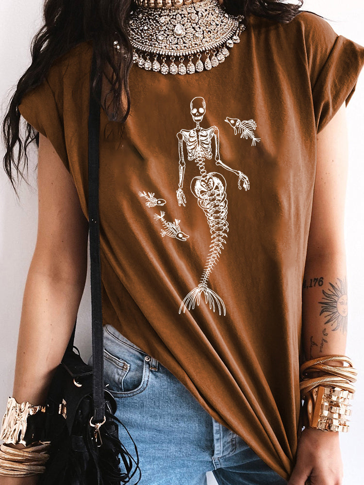 Women's Vintage Mermaid Skull Print T Shirts