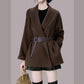 Straight Color Belted Design Wool Jacket Coat For Women