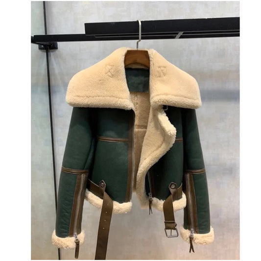 New Green Stitching Large Lapel Collar Fur Inside Coat For Women