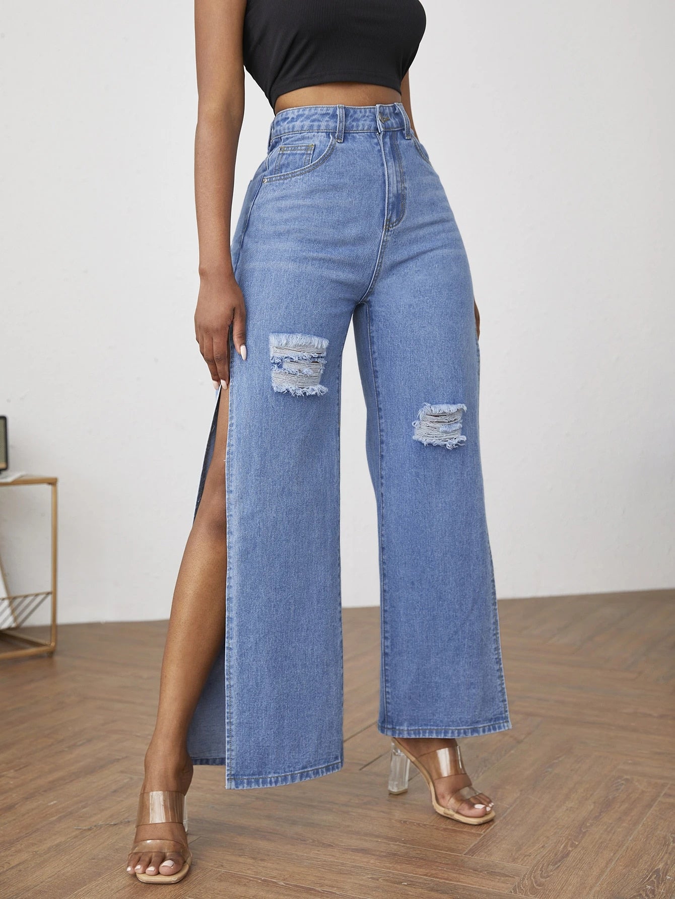 Side Slit Women's Casual Blue Jeans