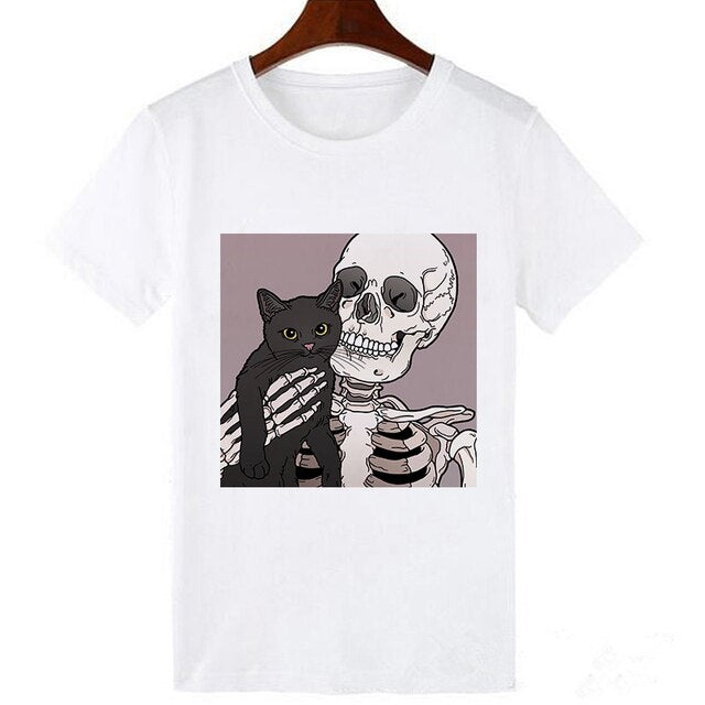 Women's Skull Hug to Cat Printed Summer T-Shirt