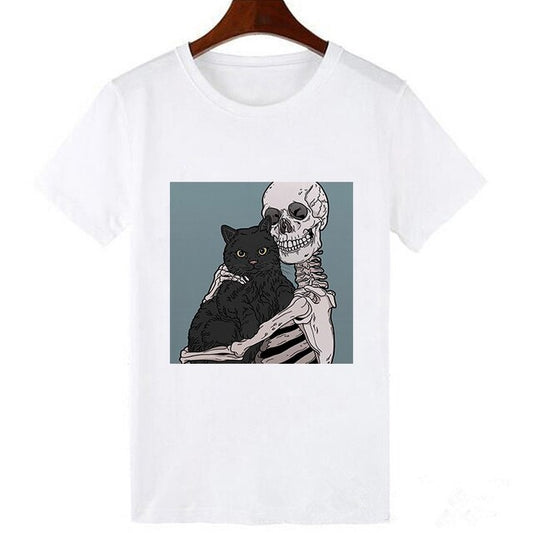 Women's Skull Hug to Cat Printed Summer T-Shirt