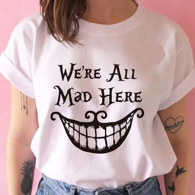 Black Cat We're All Mad Here Print Summer Casual Women T-Shirt