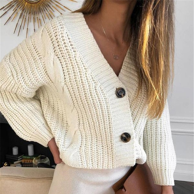 Women Chic Button Closure V-Neck Cardigan Sweaters