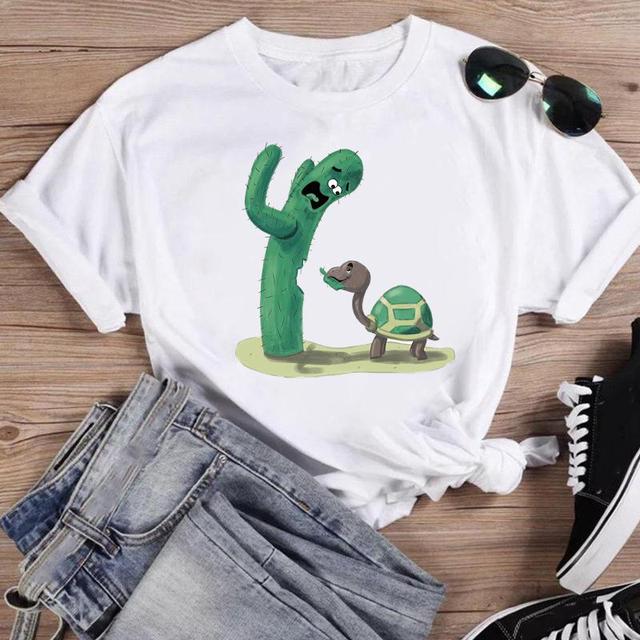 Cactus Cat Sweety Cartoon Print Summer Women's T-Shirt